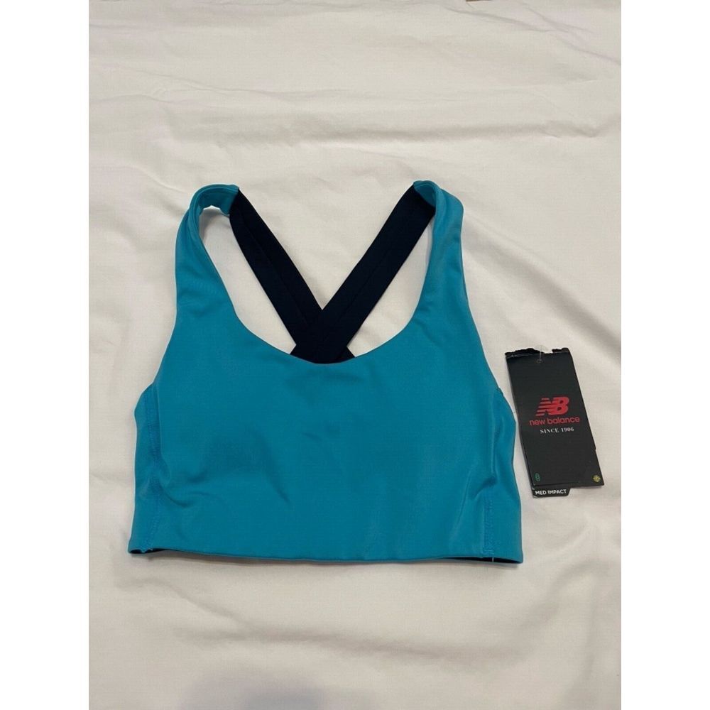 New Balance Medium‎ Impact Sports Yoga Bra  Size XS NWT Crossed Back Aqua/Black